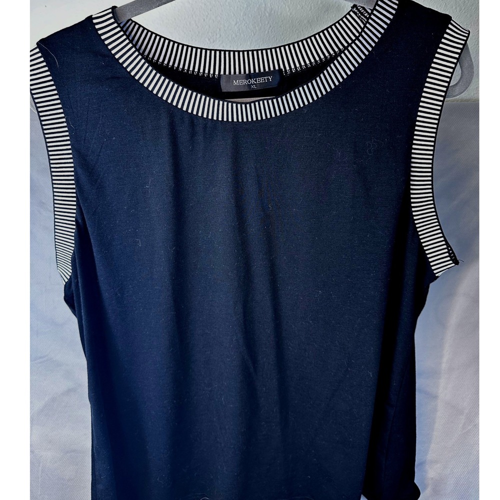 Merokeety Black Striped Trim Knit Tank Top XL Ringer Crew Neck Preppy Sporty Tee